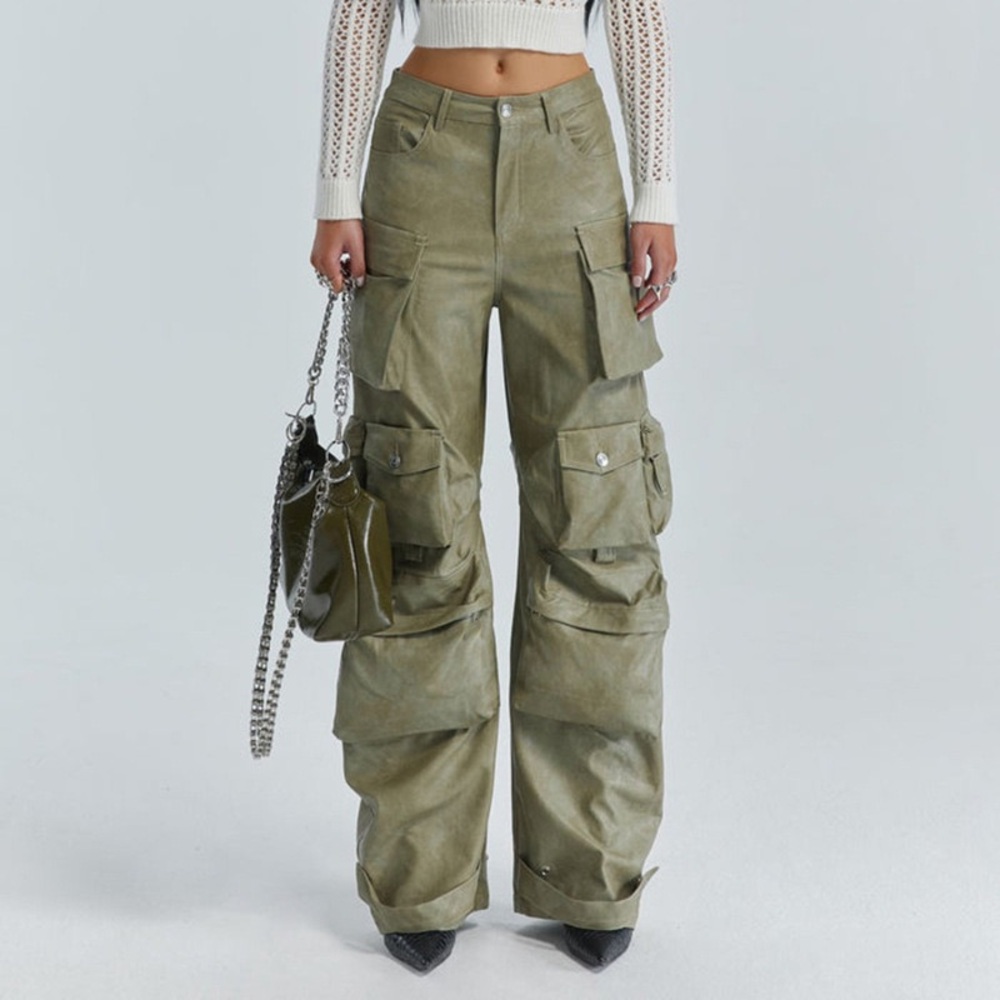 THE KRIPT Pixley Multi pockets PU Leather Wide Leg High Rise Khaki Cargo Pants